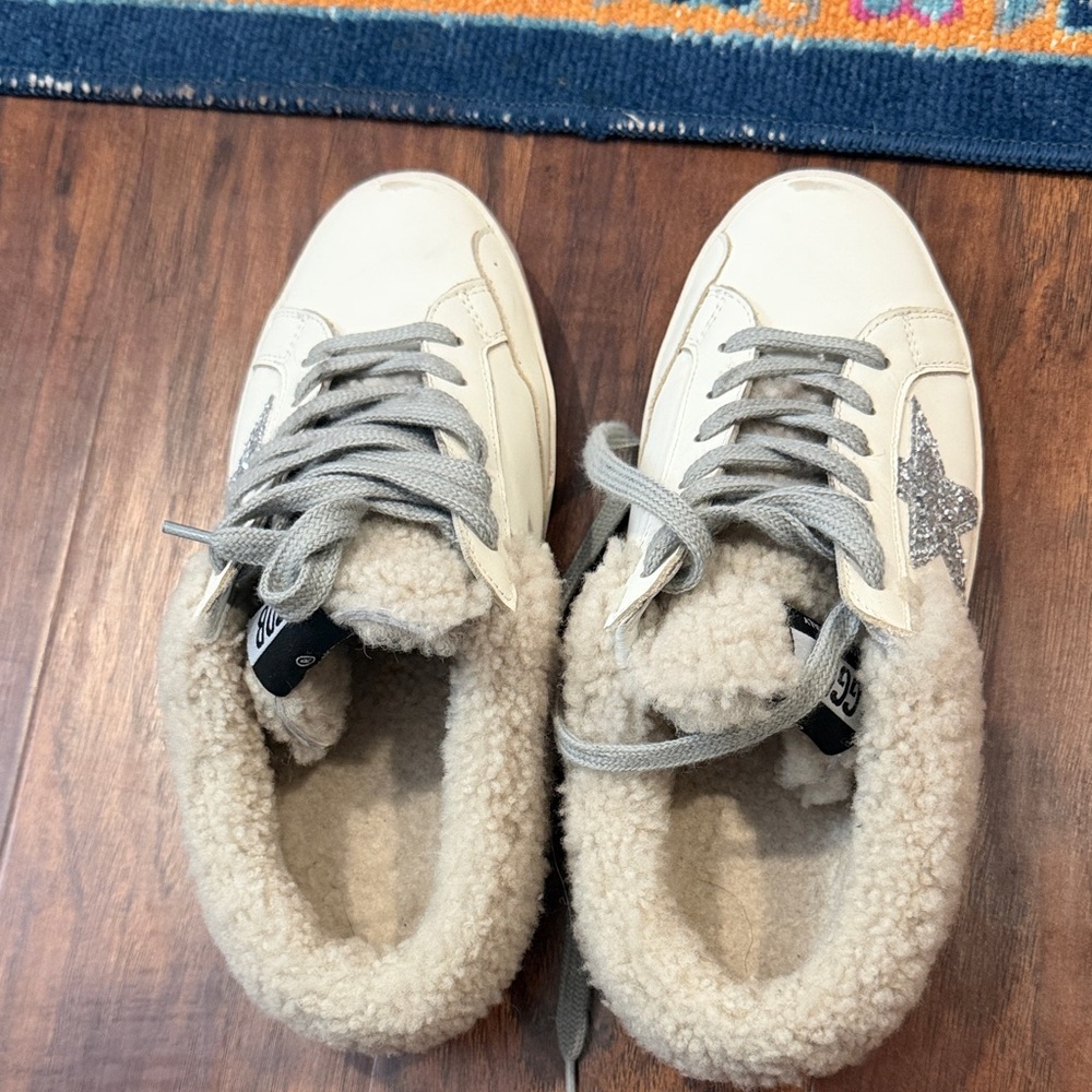 White Golden Goose Sneakers with Gray Star and Fleece Lining